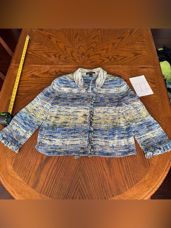 St. John Jackets & Blazers - ST.JOHN Women's Tweed Blue Yellow White Gray Fringed Jacket Sz 12